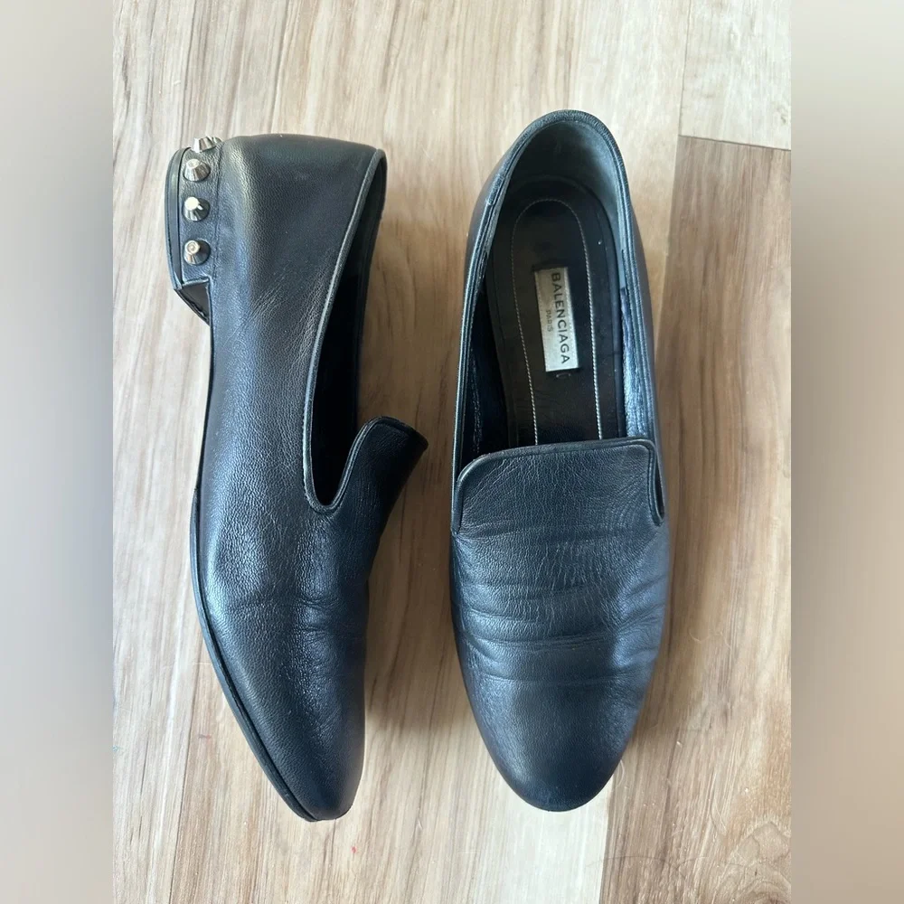 Balenciaga Black Leather Studded Loafer Mule Flats 39